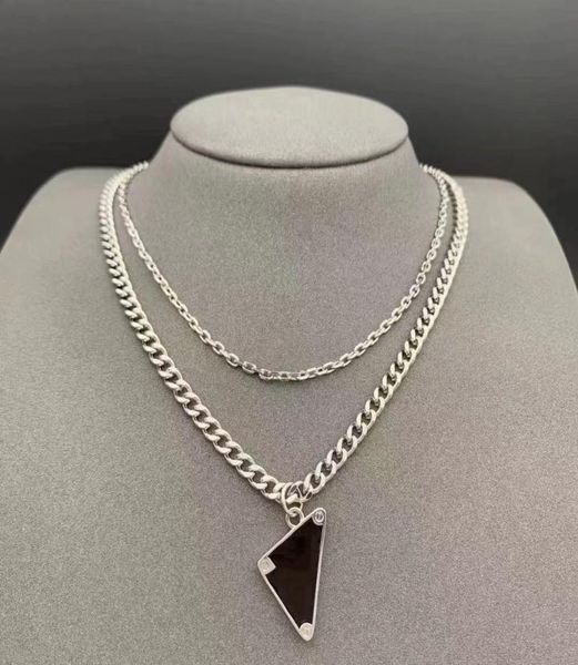 

womens mens luxury designer necklace wedding party gifts black white triangle pendant double chain letter stainless steel jewelry 8661645, Silver