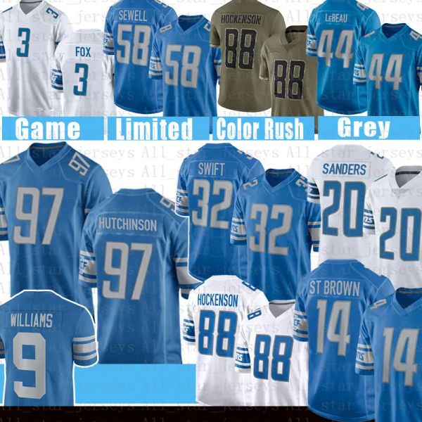 

aidan hutchinson d'andre swift football jersey men amon-ra st. brown jameson williams penei sewell t.j. hockenson jared goff barry sand, Black;red