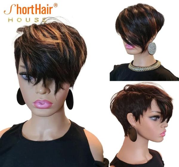 

highlight short cut bob human hair wigs with long natural bangs for black women full machine made pixie cut wig3014462, Black;brown