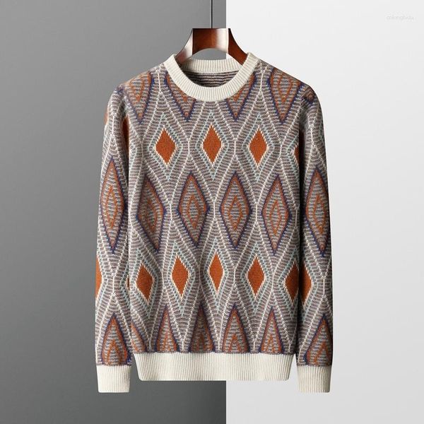 

men's sweaters 2023 autumn/winter clothing jacquard cashmere round neck colored pullover loose and breathable sweater, White;black