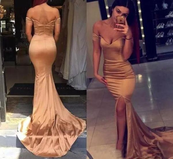 

elegant new rose gold off shoulder long prom dresses mermaid side split evening dresses wear formal floor length party 1066611, Black