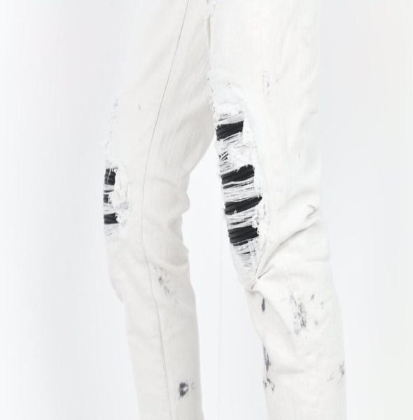 

men black pu ribbed patch stretchy distressed dirty white jeans3345190, Blue