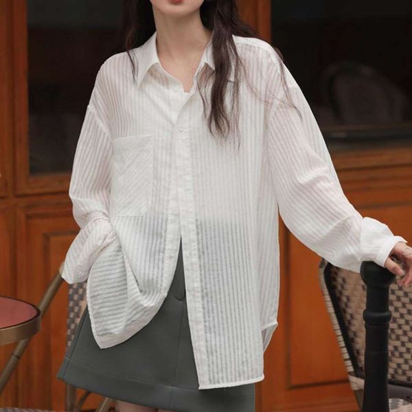 

lightweight breathable texture striped white shirt summer womens loose sun protection