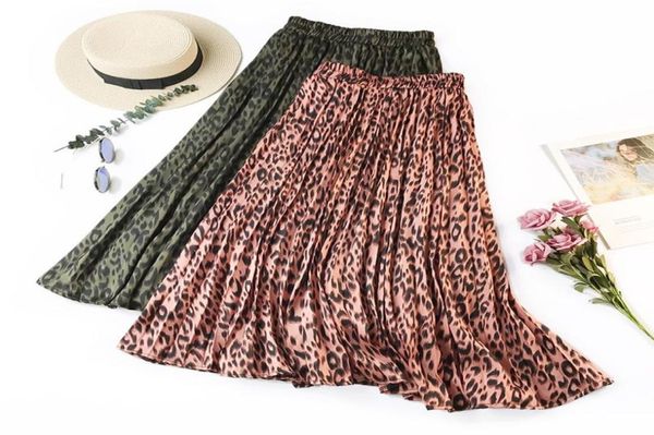 

summer women casual fashion leopard print long skirt elastic waist pleated silk touch aline summer skirt5455773, Black