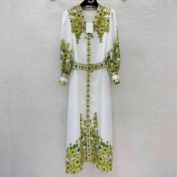 

2023 early autumn new dress elegant and versatile side pocket flower print button open v-neck long sleeve 7, Black;gray