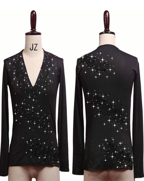 

latin dance shirts men long sleeve v neck embroidered shiny rhines dancing male competition show wear dn3532 stage6871616, Black;red