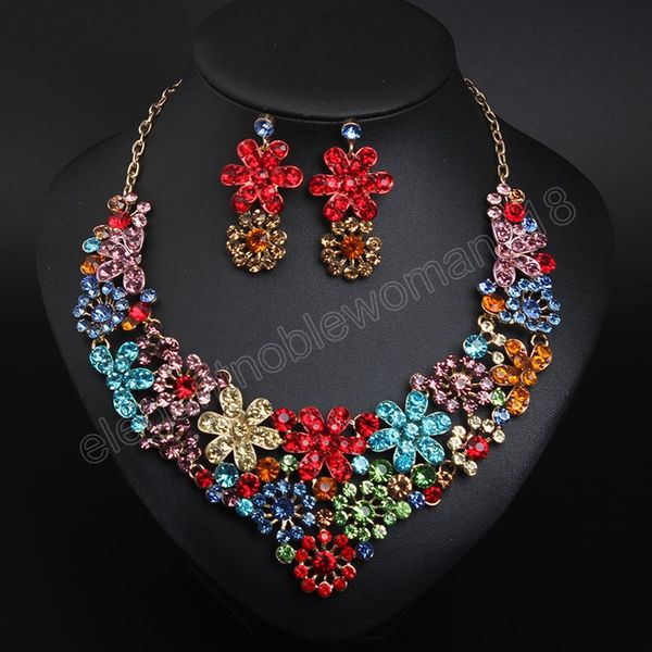 

statement flower rhinestone crystal bridal necklace earrings set for fashion women african choker jewelry wedding party, Slivery;golden