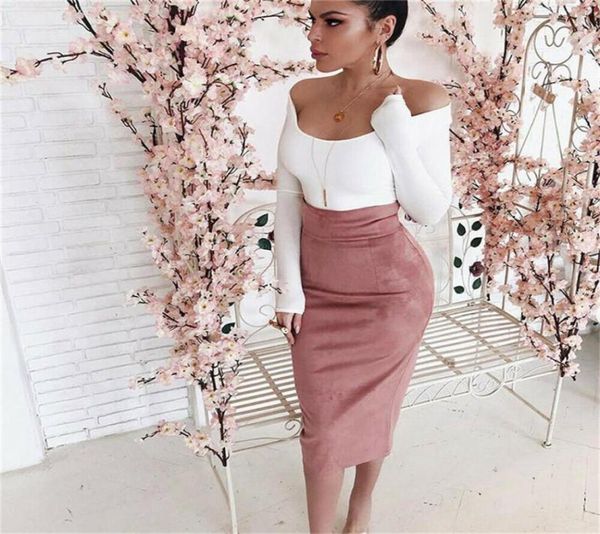 

skirts suede midi pencil long skirt for women elegant high waist slit bandage streetwear autumn winter party clothes office7707955, Black