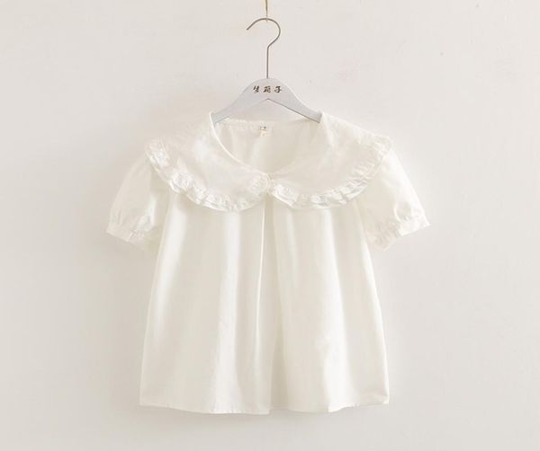 

sweet lolita shirt mori girls summer japanese style fresh peter pan collar short sleeve white solid cotton blouse 2103209661099
