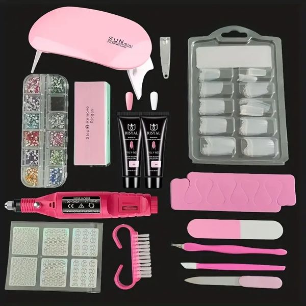 

acrylic nail art tool drill file diy decor kit, uv led nail lamp, glitter powder sticker, pump, brush manicure tools set