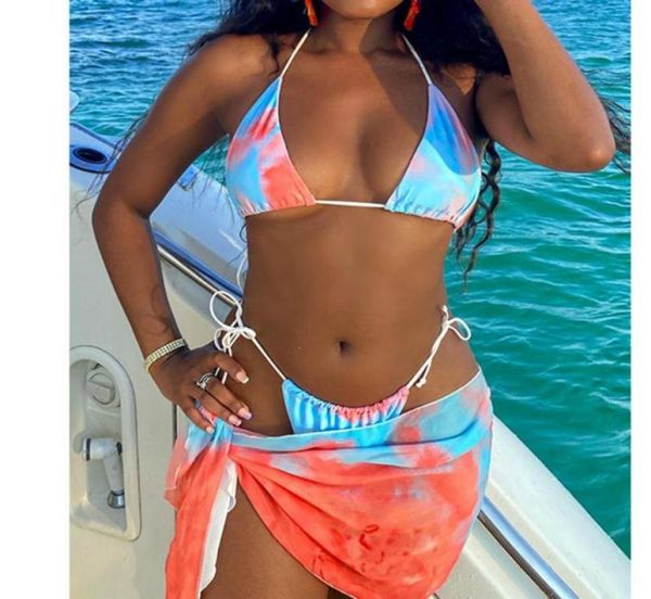 

women039s swimwear women 3 pieces swimsuits sports clothes tie dye printing bikini set triangle halter briefs thong and bea3235631, White;black