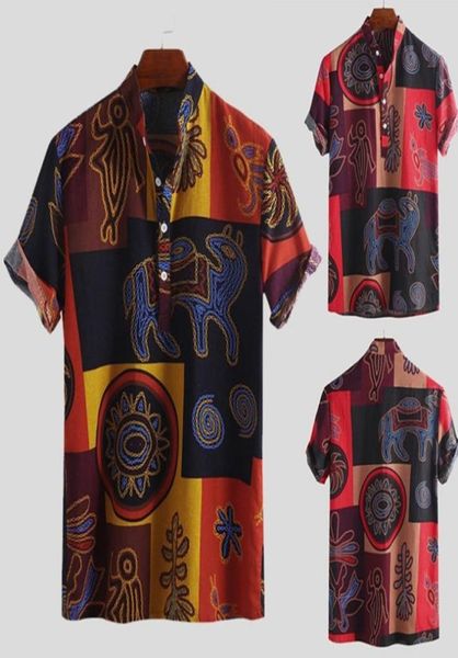 

printing cotton men hawaiian shirt loose short sleeve stand collar breathable ethnic style vintage men shirts97165511170852, White;black