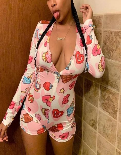 

omsj women cartoon printed long sleeve plunge vneck sleep bodycon romper slim fit stretch summer slim fit sheath playsuits y6131904, Black;white