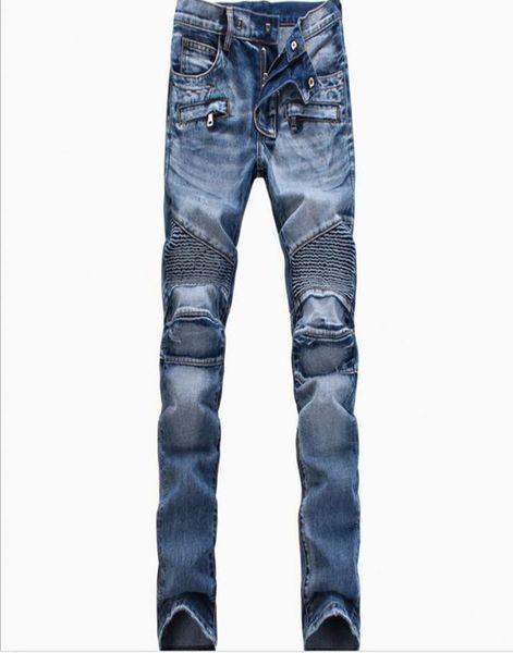 

men fashion ripped biker jeans man distressed moto denim joggers washed pleated motorcycle jeans pants black blue3861064, Blue