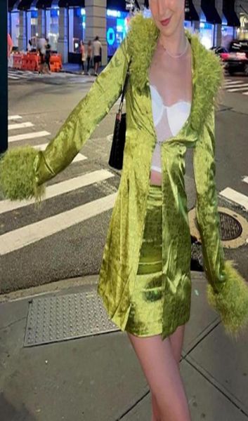 

women039s trench coats 90s aesthetics feathers trim green satin long y2k fashion turn down collar sleeve one button outerw5895886, Tan;black