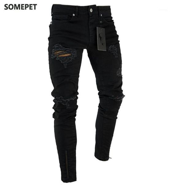 

men039s jeans black stretch skinny fit bottom zipper men knee ripped distressed hole biker pants hip hop street big size xxxl1426276, Blue