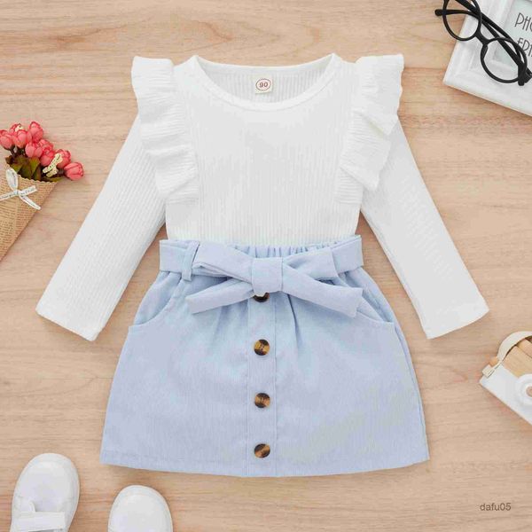 

clothing sets 0-3years toddler baby girl 2pcs autumn clothing set long sleeve solid shirt a-line skirt 4colors r230814, White