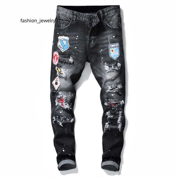

men badge rips stretch black jeans men's fashion slim fit washed motocycle denim pants panelled hip hop trousers 10200, Blue