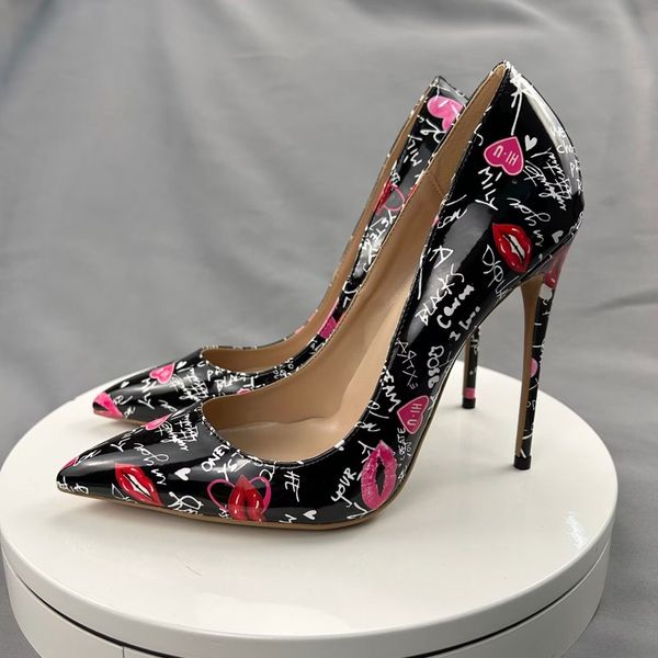 

black artistic graffiti print luxury red bottoms shoes fashion women pointed toe high heels pumps slip on stiletto party dress shoes 12cm
