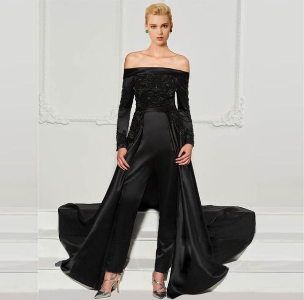 

fashion black lace jumpsuits evening dresses with detachable train off the shoulder beaded formal gowns long sleeves sequined prom4853542, Black;red