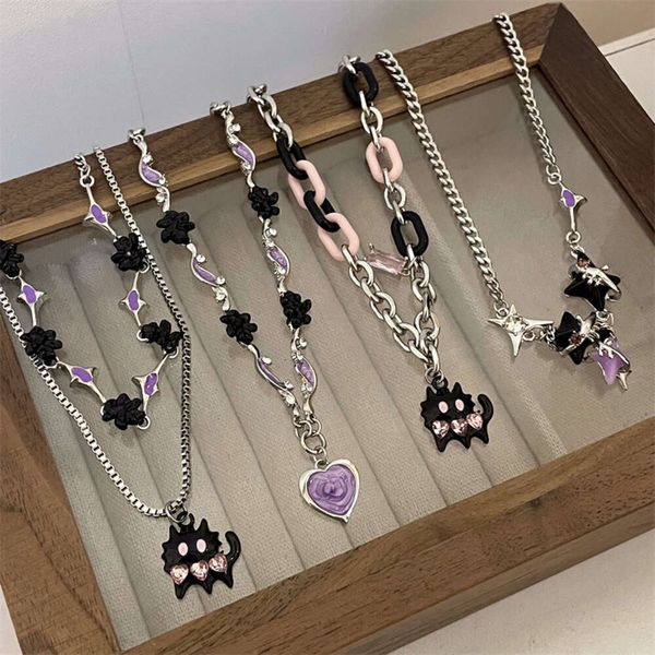 

designer's pink purple double layer layered cat necklace subcultural y2k sweet cool spicy girl accessories small design sense collar, Silver