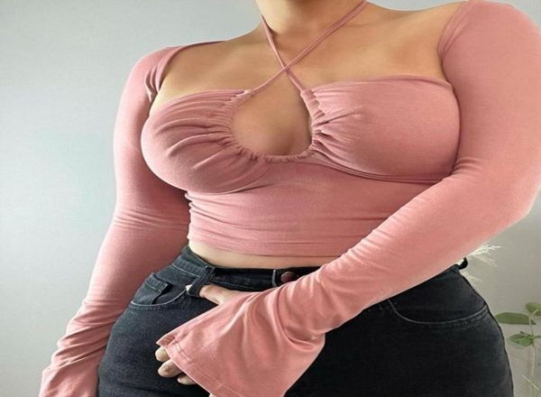 

women039s tshirt lapel halter short trumpet sleeve pink slim fit ruffled hollow cleavage 2021 fall allmatch fashion 3482089, White