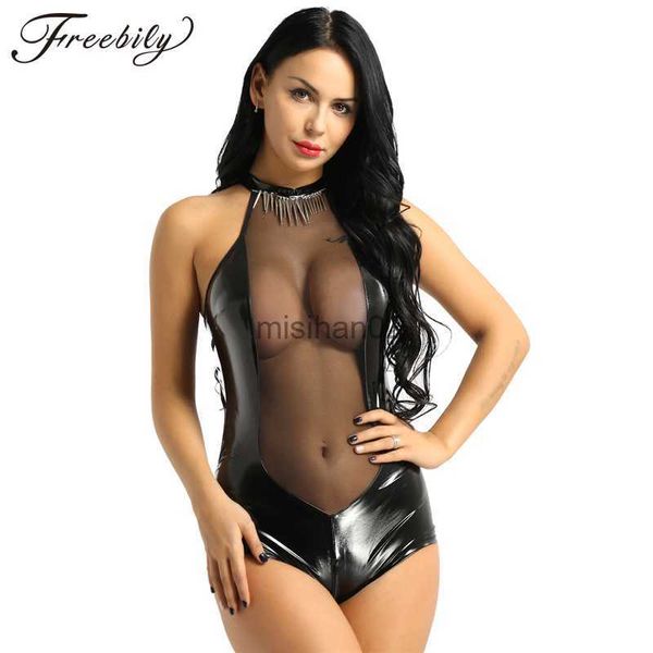 

women's jumpsuits rompers bodycon bodysuits pvc leather mesh splice come women latex catsuit pole dance clothes lady nightclub bodysuit, Black;white
