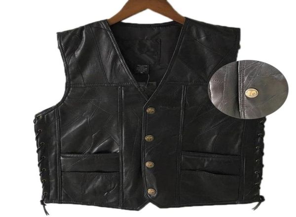 

black leather motorcycle vest for men genuine leather punk biker vest lace button autumn sleeveless jacket for men7061324, Black;white