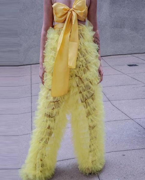

skirts high street yellow see thru tiered ruffles long tulle pants women loose 2021 with satin waistband summer female bottom9329656, Black