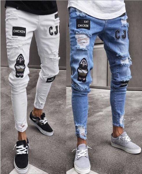 

hommes ripped embroidery design jeans mens slim biker jeans long pencil pants man denim pants hip hop streetwear distressed jeans6265897, Blue