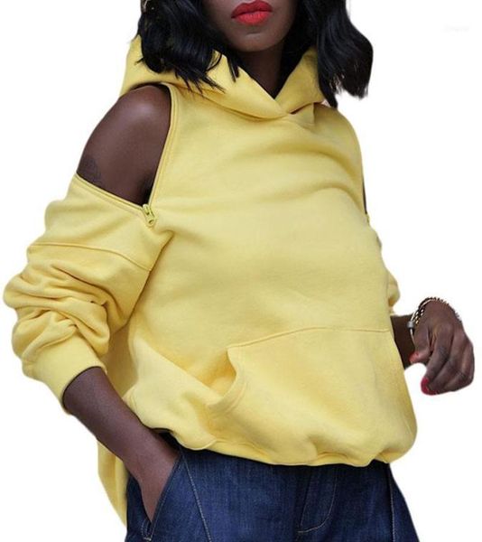 

women cold shoulder hoodie spring autumn casual solid color zipper splicing sweatshirts with pocket lady hoodies pullover 14913344, Black