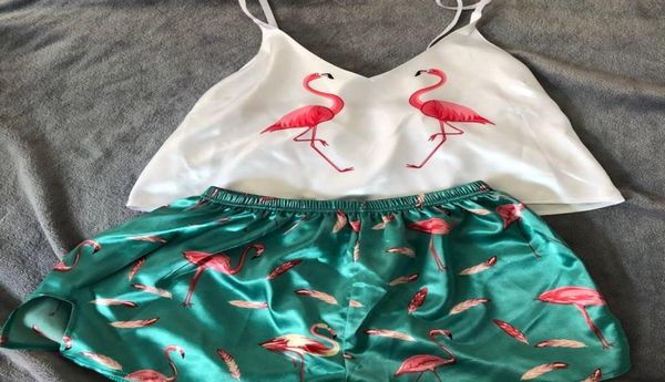

qweek flamingo pajamas for woman silk pijamas women satin pyjama femme fox print v neck home suit sleepwear drop t2004313930, Black;red