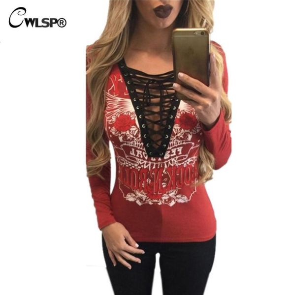 

whole cwlsp t shirt women v neck long sleeve tshirt rock n roll hollow out lace up tshirts for women plus size korean fashio2509509, White
