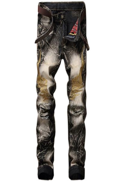 

mens personalized wing embroidery jeans 2019 fashion men motocycle denim trousers straight washed multi zipper male street pants1176820, Blue