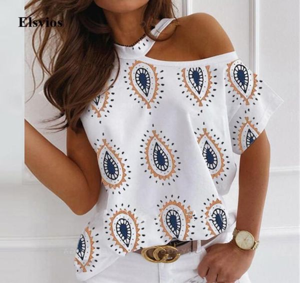 

off shoulder halter shirt blouse summer women short sleeve blusa female casual daisy printed shirts pullover plus size1617586, White