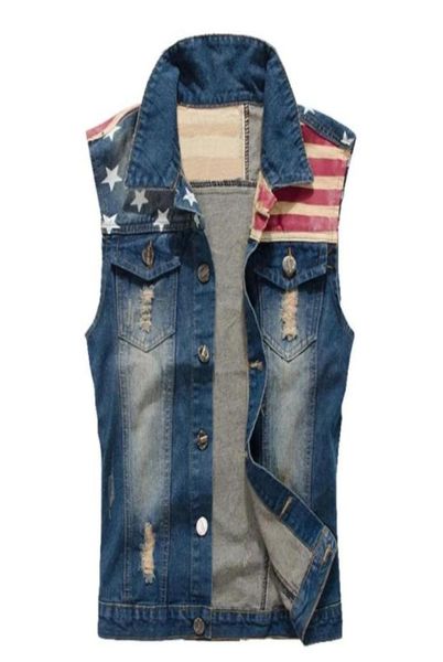 

ginzous men039s casual stars and strip print patch design denim vest american flag holes ripped coat plus large size tank 58276495007, Black;white