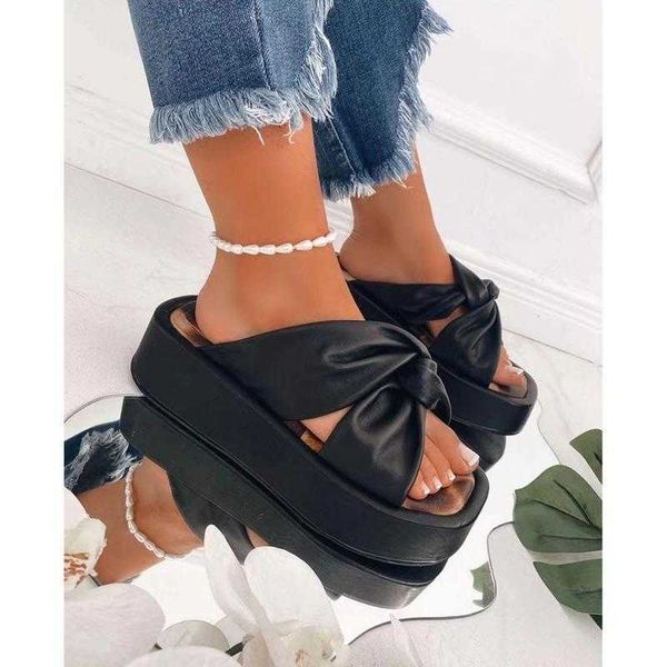 

sandals big new female solid platform slides fashion bow wedges heels slippers women casual soft beach shoes woman 230417, Black
