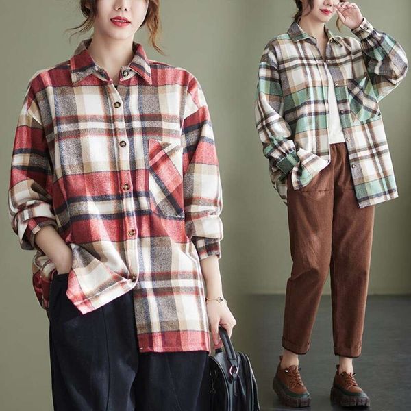 

art retro cotton checkered shirt slim all matching womens autumn loose top, White