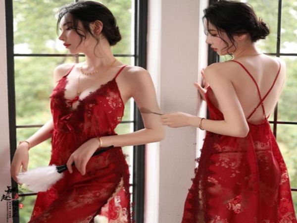 

new lingerie female lace temptation pajamas side split suspenders strap night skirt whole one piece 20748575985368, Black;red