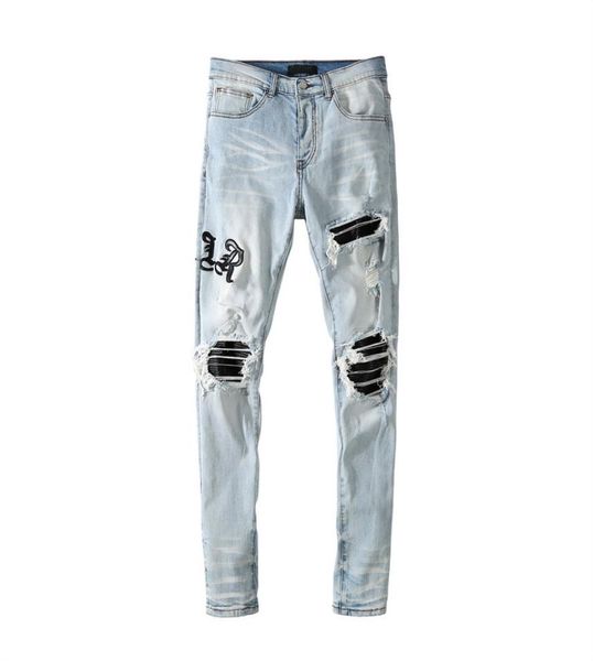 

men039s jeans light blue pierced matte letter collage european and american high street5121222