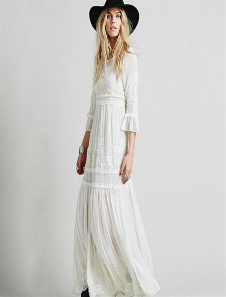 

bohemian dress women seven sleeve embroidery boho dress round neck long dress cotton loose female robe174y9304195, Black;gray