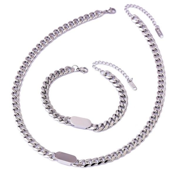 

stainless steel cuban chain choker necklace bracelet for women men jewelry gift, Silver