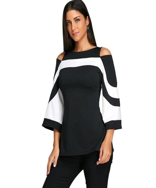 

wipalo women casual fashion flare sleeve cold shoulder two tone spring blouse boat neck three quarter blouse shirt women y1908882893, White