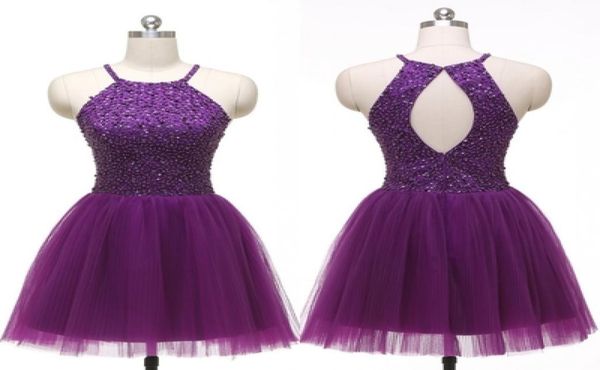 

dark purple halter homecoming dresses 2022 beaded sequin crystal open back tulle draped short prom dress graduation dress pa4723713, Blue;pink
