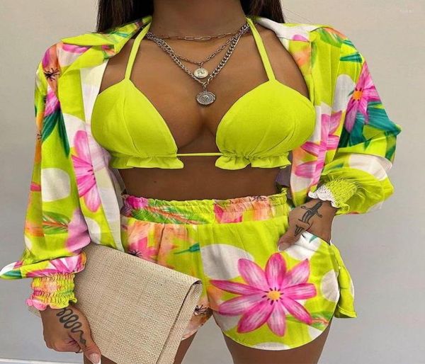 

women039s tracksuits 3 piece sets women 2022 summer fall long sleeve lapel shirts halter bra crop short pants bohemian casu7676766, Gray