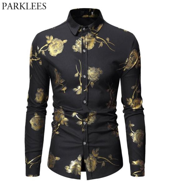 

mens hipster bronzing rose print shirt men long sleeve gold floral button down dress shirts black slim fit prom chemise hommes 045328, White;black