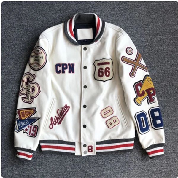 

multi-letter embroidery white baseball uniform men's explosive style baseball uniform retro leather jacket heavy industry coat s-2xl, Black;brown
