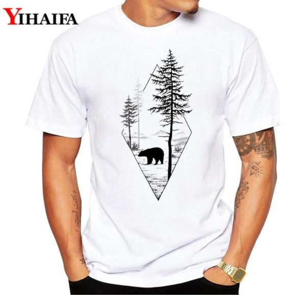 

men t shirt gym print bear tree forest graphic tee short sleeve white tshirts summer simple pattern 69468143805016, White;black