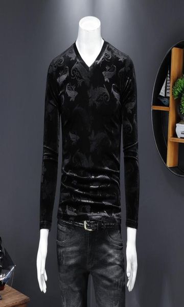 

autumn men039s longsleeved tshirts gold velvet vneck leaf print stretch trend business casual fashion gentleman bo4663060, White;black