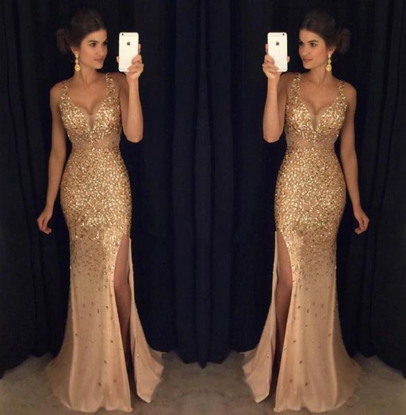 

gold bling prom dresses mermaid crystal beaded vneck high side split floor length tulle satin long formal evening gowns cust2871775, Black